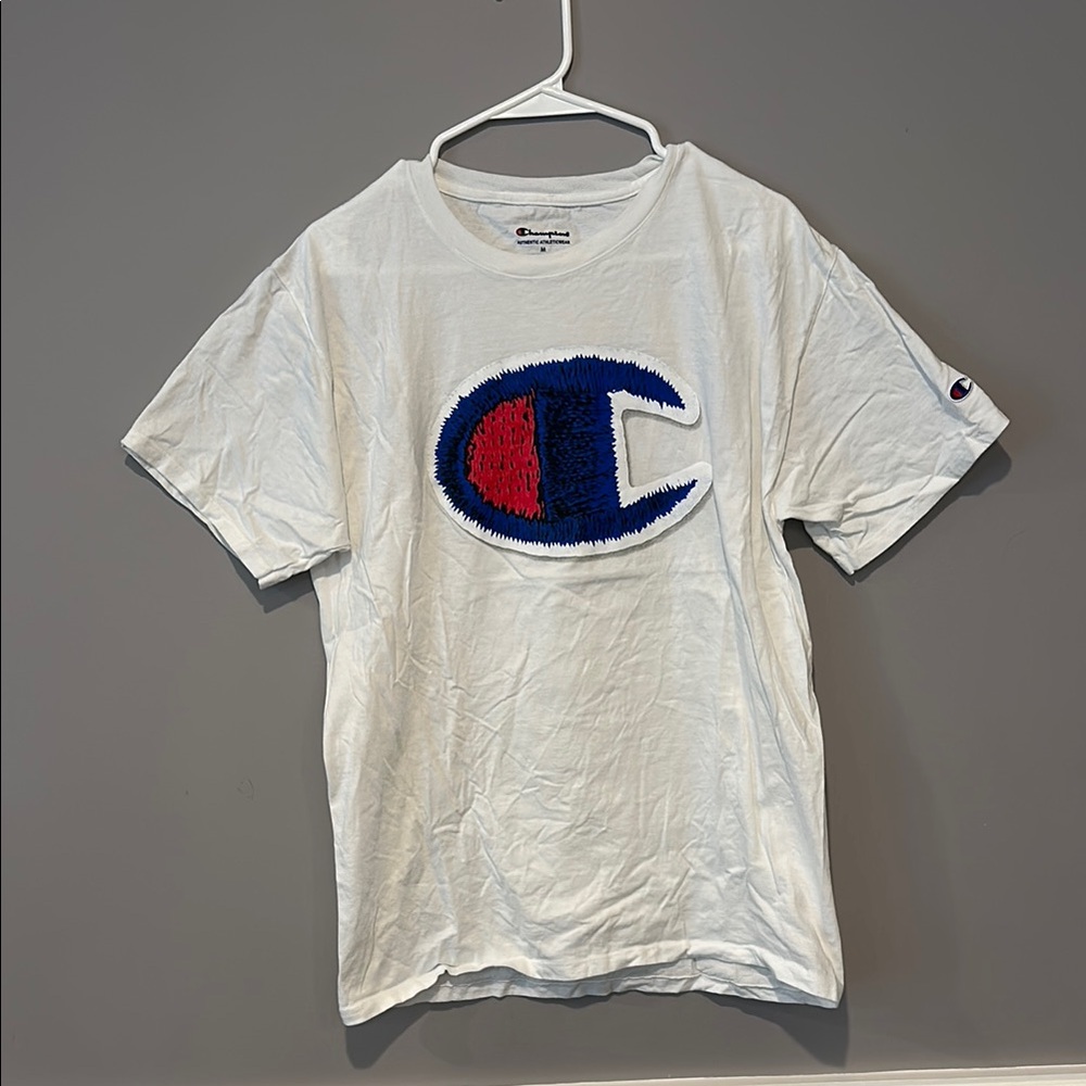 Champion White Tee with Blue and Redish/Pink Classic Logo
